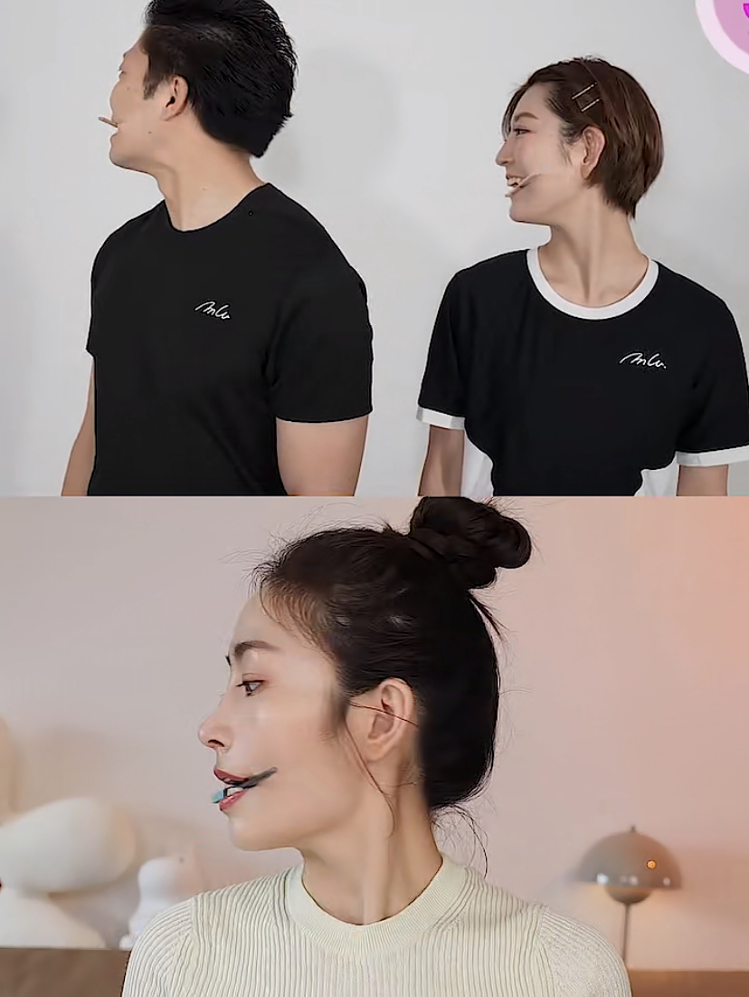 第二个动作咬住筷子向左向右进行扭头的动作，左右拉伸还可以帮助得到瘦咬肌部位。