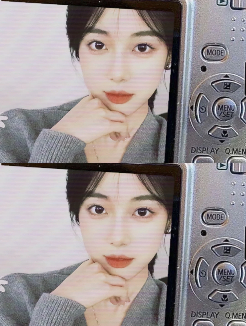 有点像低像素风的滤镜特效,再加上复古相机做小边框,看起来就像直拍相机的屏幕