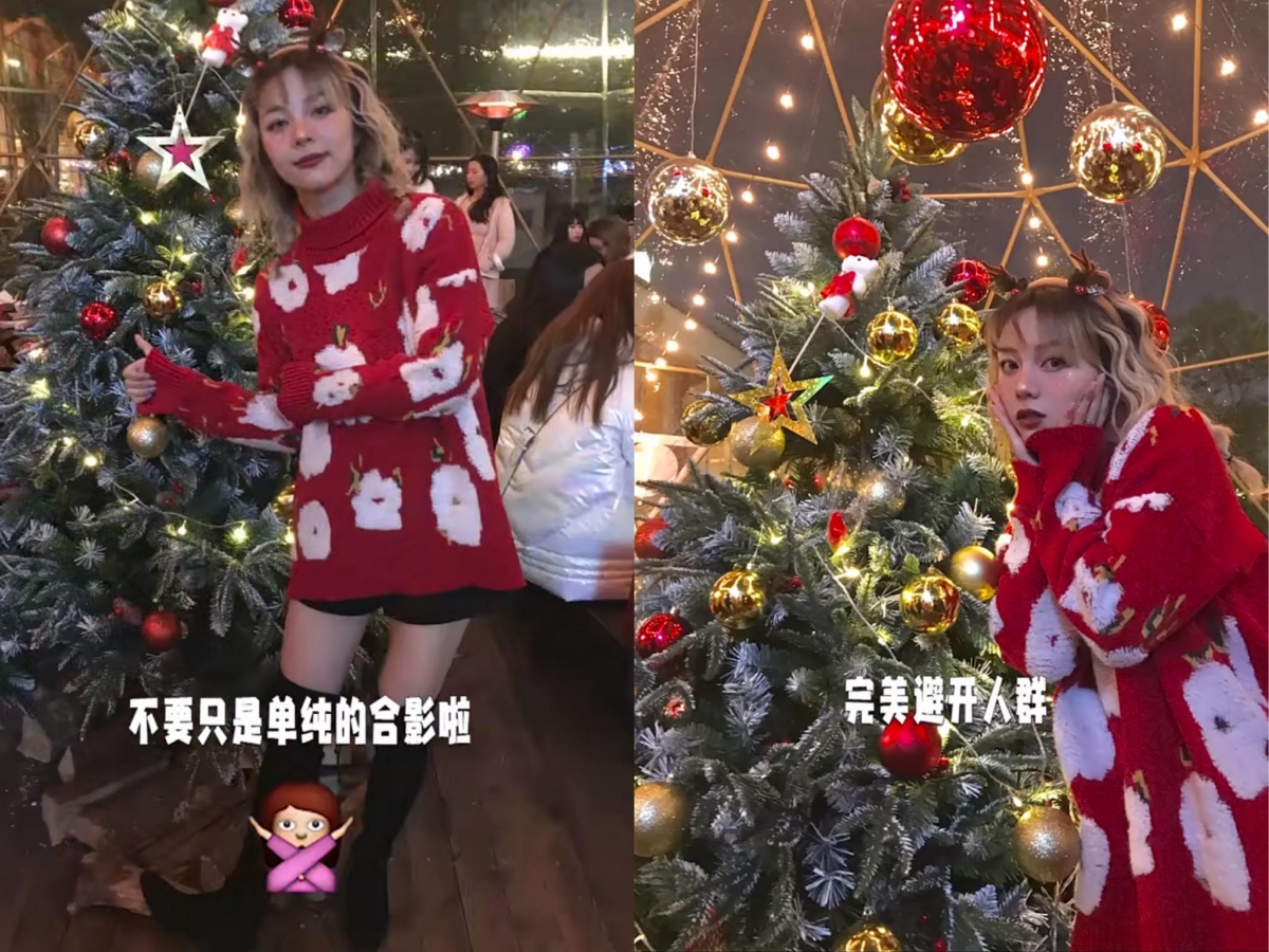 圣诞拍照技巧（四）避免人潮/杂物入镜，建议压低手机下朝上取景，将人物放在镜头中九宫格grid的右下四格三分线上。