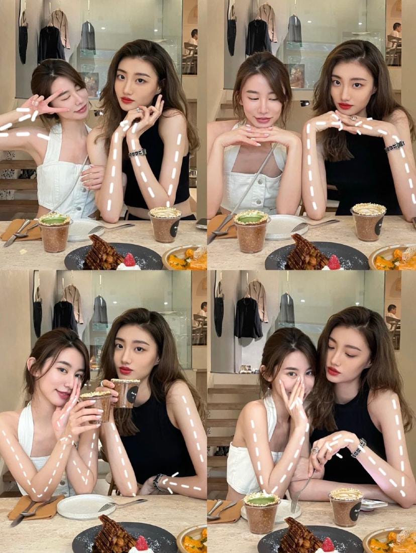 两个人可以坐得靠近一些摆pose,这里分享4连拍姿势给大家跟着就准没错啦!