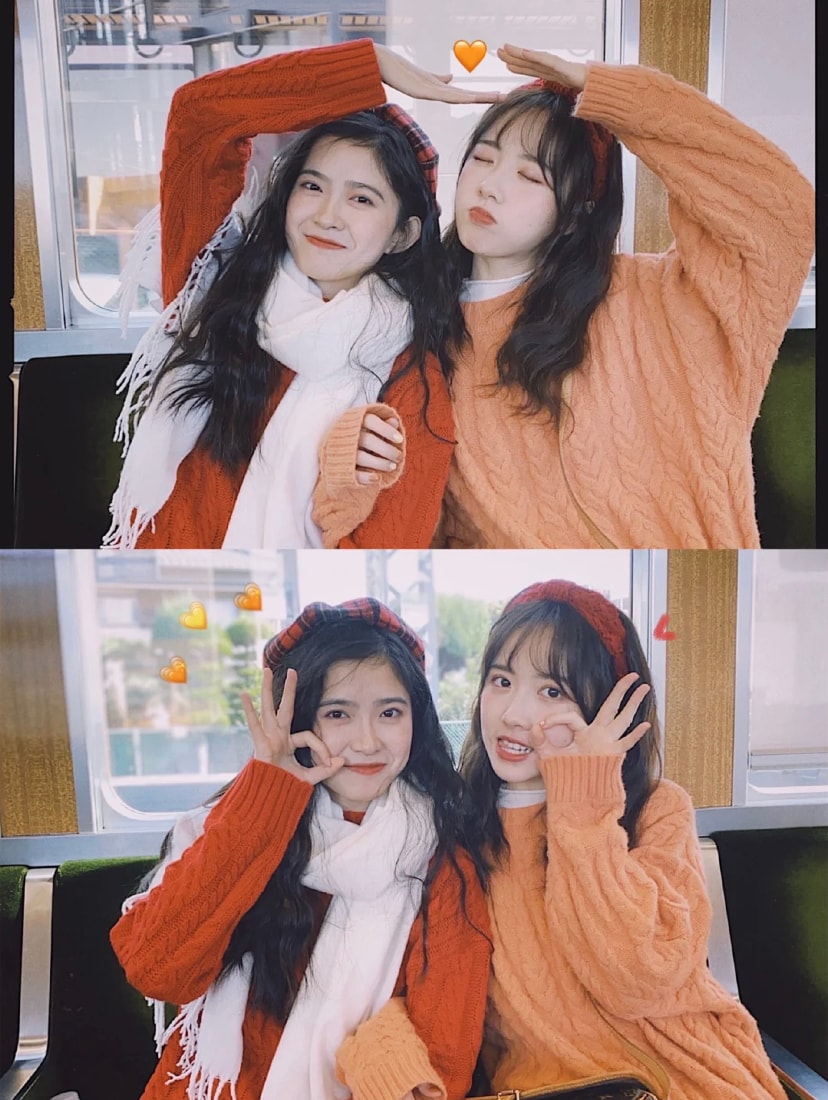 两个人可以一起比个爱心高调炫耀友情,遮脸和比可爱的OK也非常合适