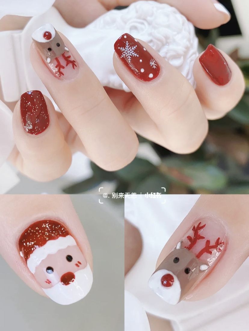 显白的大红色再搭配上可爱的手绘设计，尤其是圣诞老人和麋鹿的鼻子可是立体的哦！