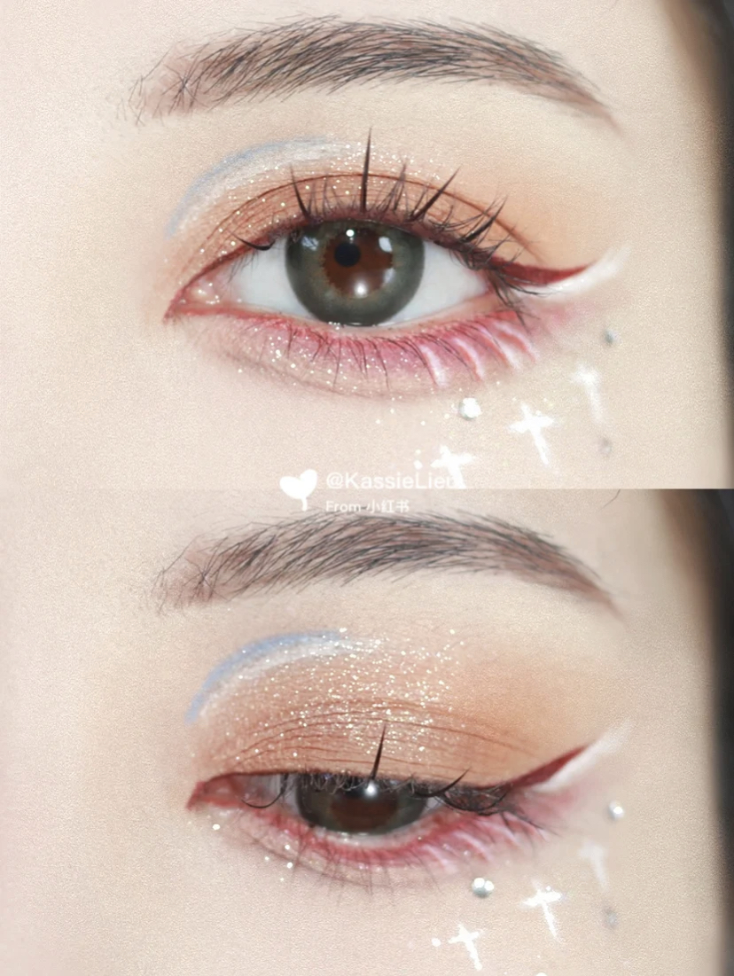 粉橘色的雪花精灵妆超显气质，先用橘色眼影晕染眼窝的部位，酒红色搭配肉色眼影晕染下眼睑的部位。过后使用香槟金色提亮眼中，再用棕色眼影画出卧蚕阴影。