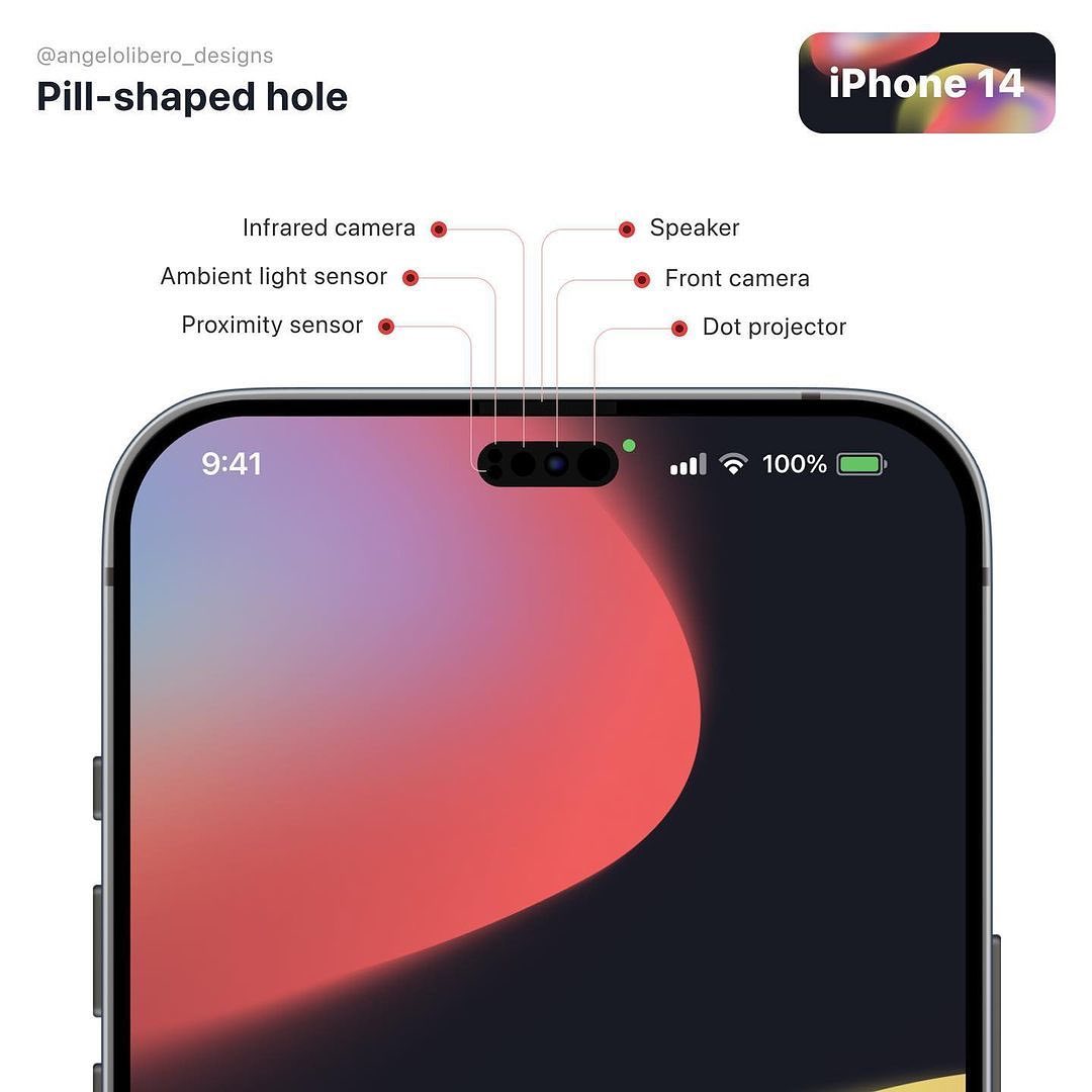 根据最新消息,苹果今年推出的 iPhone 14 系列有可能会放弃齐刘海的设计,转用屏占比更高的「挖孔屏」设计。苹果或将这个「药丸屏」置放在手机正中央