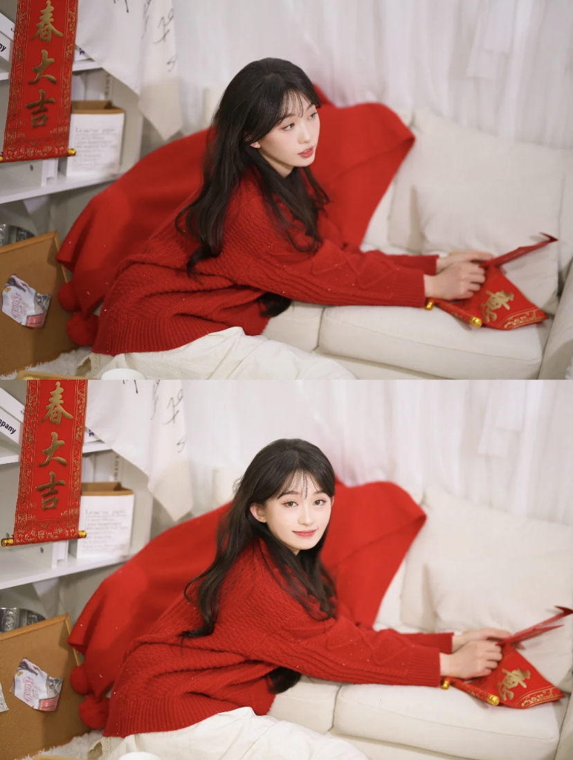 新年宅家没出门拜年也可以自己拍美照!学会利用身边有的小道具,像是红包、桔子、各种红色系道具,然后用手机支架自拍,后置镜头效果会更高清哦!