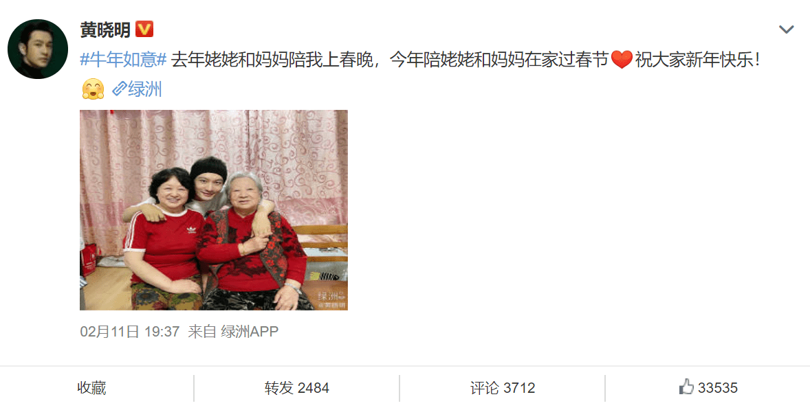 「去年，姥姥和妈妈陪我上春晚，今年陪姥姥和妈妈在家过春节，祝大家新年快乐！」