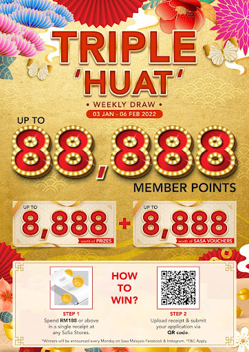 即日起至 2022 年 2月 6 日消费满 RM188 将可获得抽奖资格。SaSa 将在每一周宣布得奖的幸运儿，高达 RM 8,888 丰厚礼品、RM 8,888 SaSa 现金礼券以及 RM 88,888 会员积分等你来赢取！