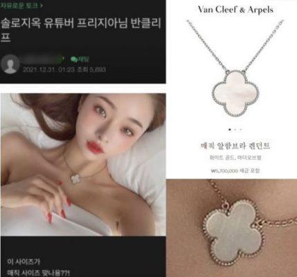 宋智雅照片中穿戴的名牌项链形状与正品不同，而且该款项链并没有推出玫瑰金设计。而她佩戴的却是玫瑰金色的设计，照片上明显看出与正品的差异。