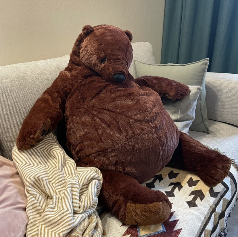 这个可爱懒熊材质是软软的，再加上慵懒又厌世的表情整个看起来就很颓废。最主要爆火的原因就是有日本的博主帮他拍日常照，懒熊就突然迅速走红，成为大家都前往IKEA抢购的人气玩偶啦！