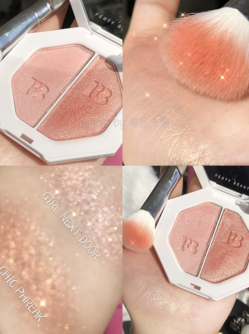 蜜桃色系的双色高光腮红，深色用作腮红浅色用来做高光提亮脸部。