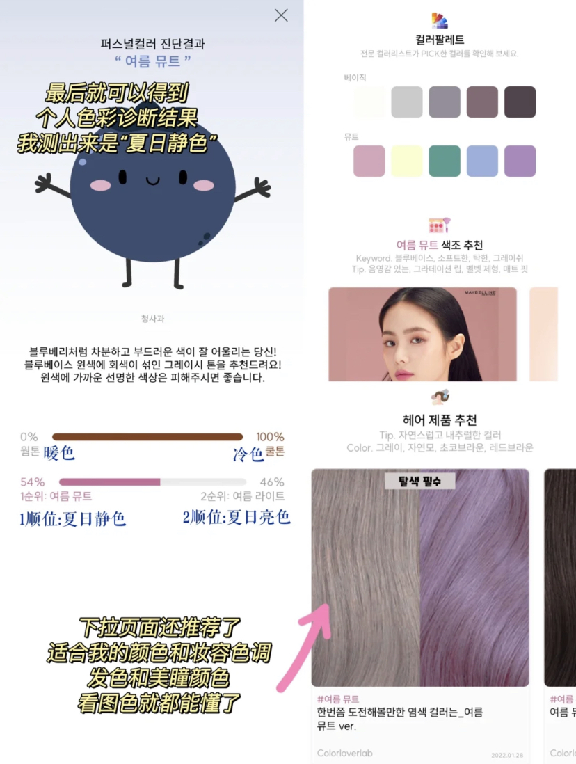 完成这4个测试后答案就会揭晓啦~在结果中还会有测出自己属于什么色调,适合的妆感色系和发色哦!