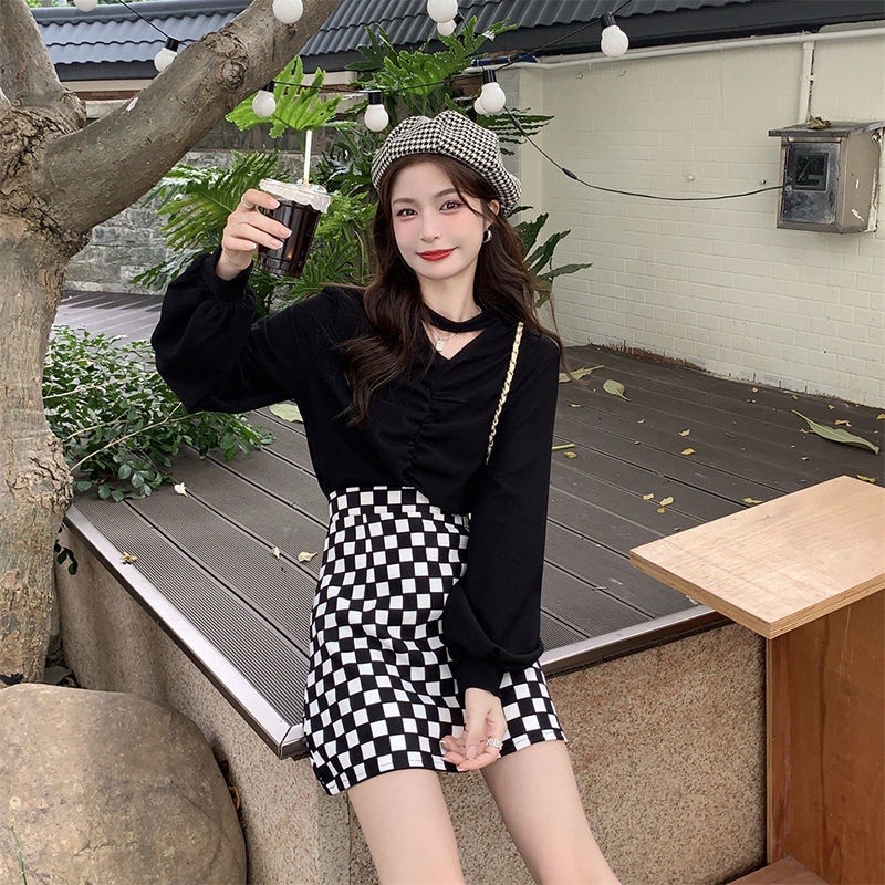 网红款棋盘风A字裙时尚女孩必须拥有！