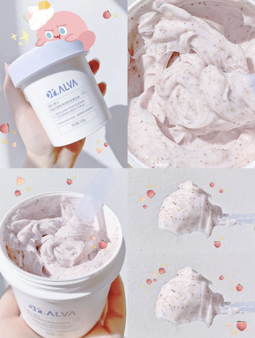 这款带桃子味的磨砂膏味道甜甜的~添加了角鲨垸和牛油果精油成分,去除角质后肌肤也不会干燥紧绷