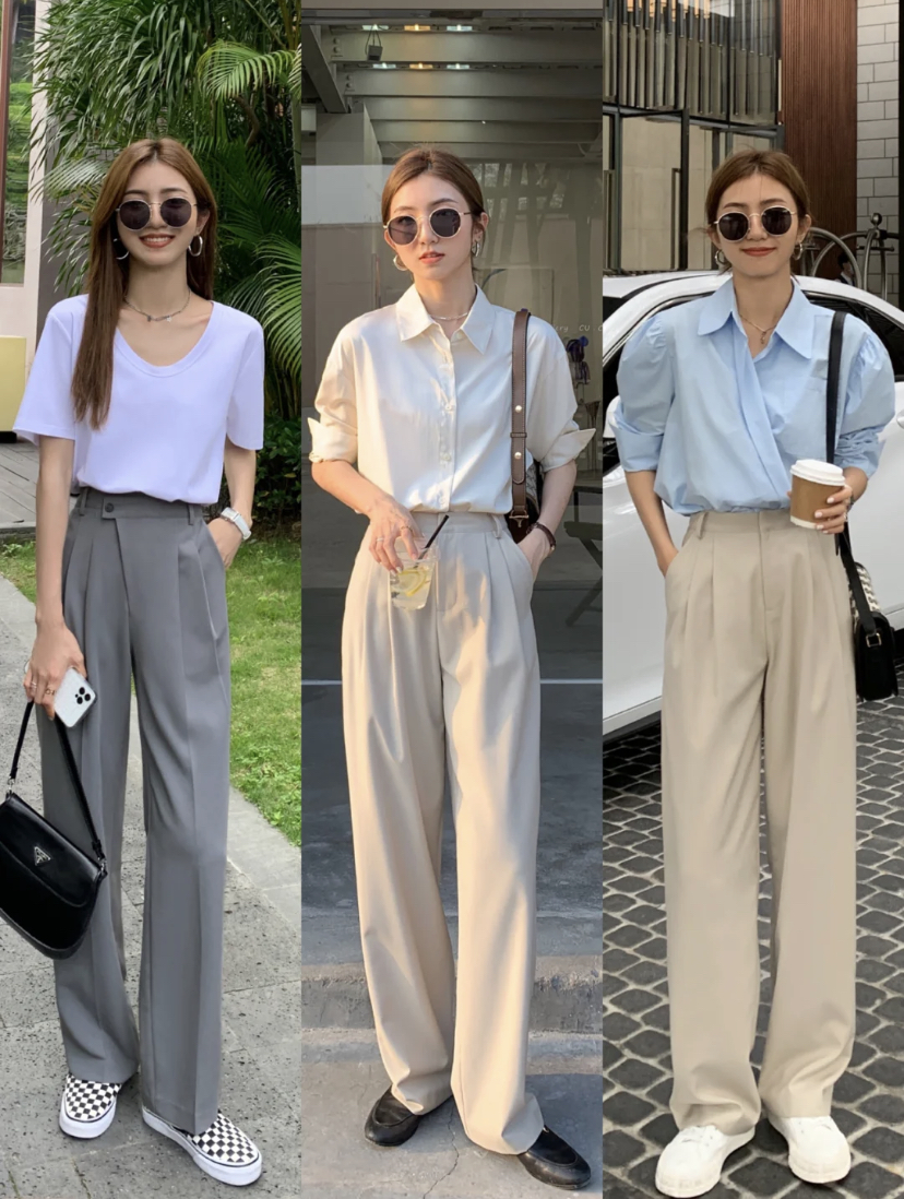 对于梨形身材来说选择阔腿的西装裤,搭配衬衫耐看又气质。