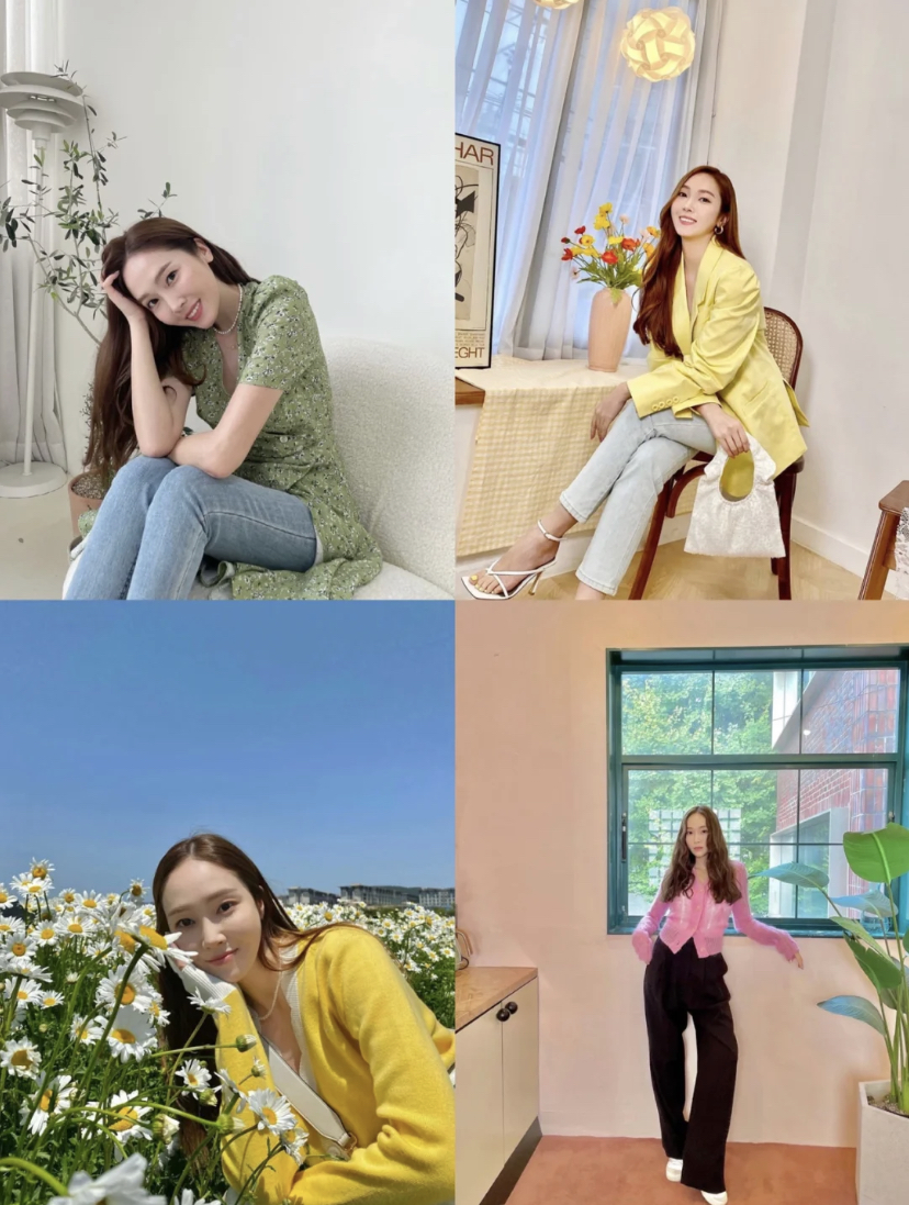 Jessica拥有白皙的肤色，她自己也特别喜欢色彩鲜明的单品！