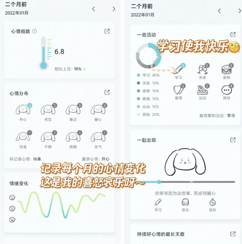 另外还能记录每个月的心情变化,或者是自己的日常活动时间哦!