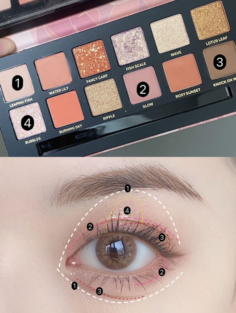 先用奶茶色打底晕染整个眼窝,接着用灰紫色眼影加深眼皮和下眼睑,最后用深棕色加深和画眼线