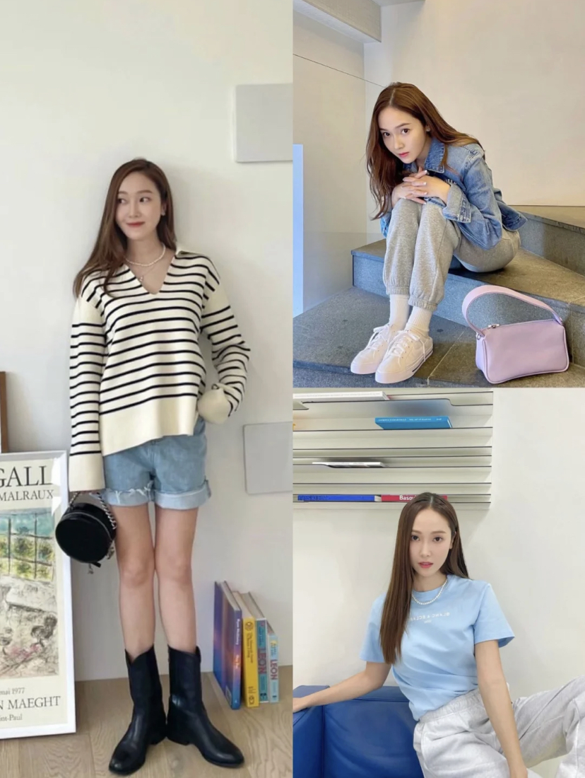 日常休闲风穿搭也是Jessica的最爱，卫衣搭配牛仔短裤就是很常见的穿搭～