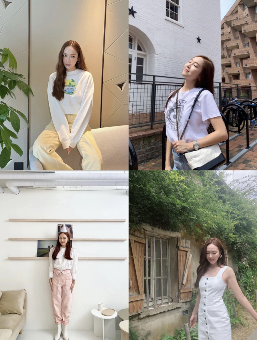 Jessica也特别喜欢白色的单品，可以在她的打卡照看到大多数的穿搭都是白色的！