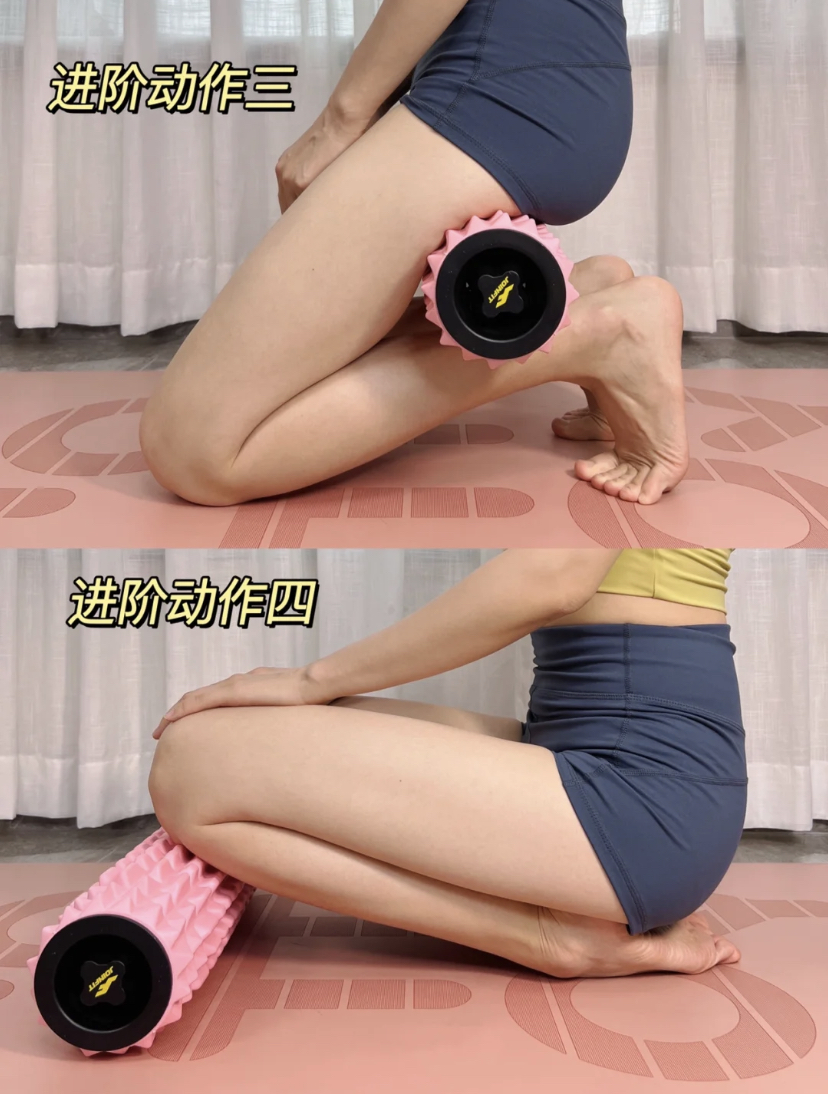 下一个动作就以勾脚跪坐的姿势，把泡沫轴换在膝盖下帮助压脚趾后侧