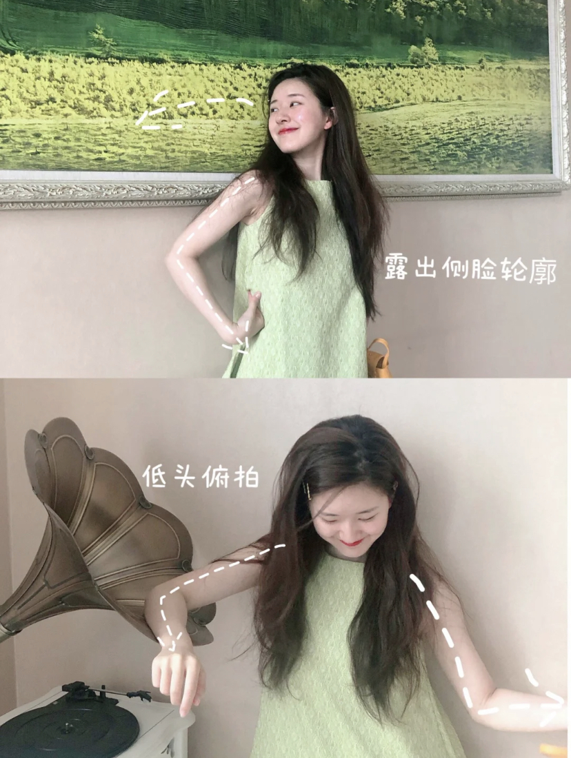 远离镜头的时候拍照可以露出侧脸轮廓,这时候选择侧脸或低头俯拍都绝对不会出错哦!