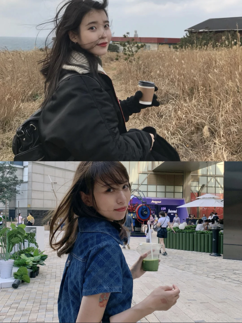 IU同款打卡照是充满氛围感的回头杀，可以一边走路自然的回头看