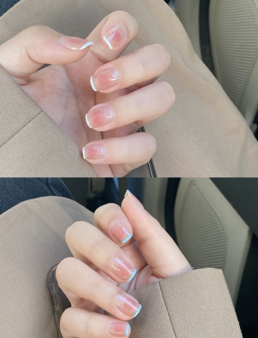 选择比较透亮的底色在指尖搭配白色,也可以选择其他马卡龙色系