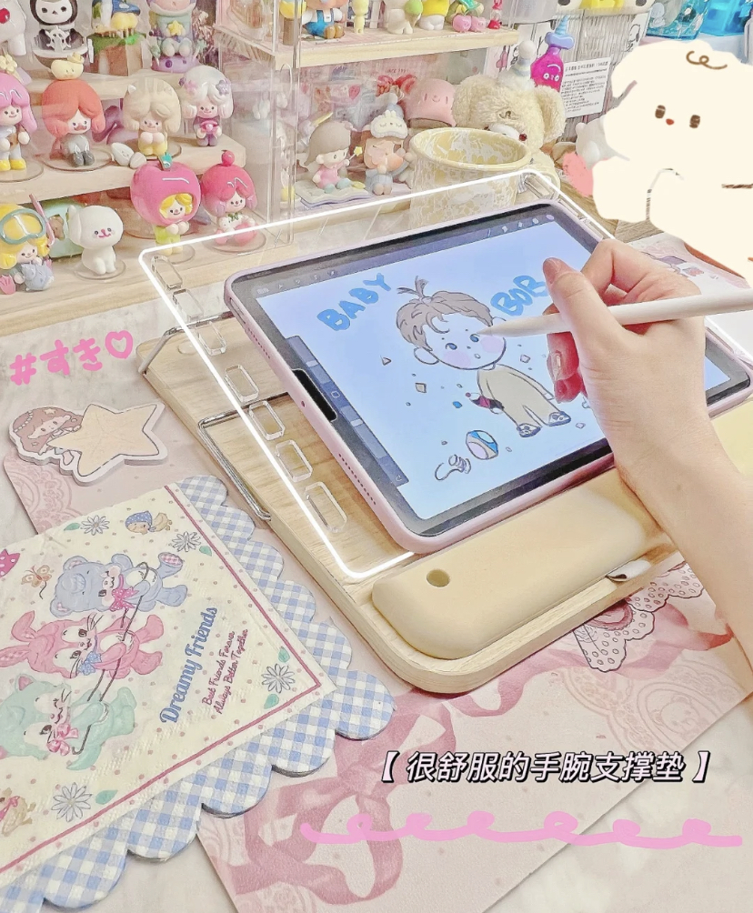 原木亚克力支架的设计非常方便好用,除了支撑iPad还可以当作画板哦!