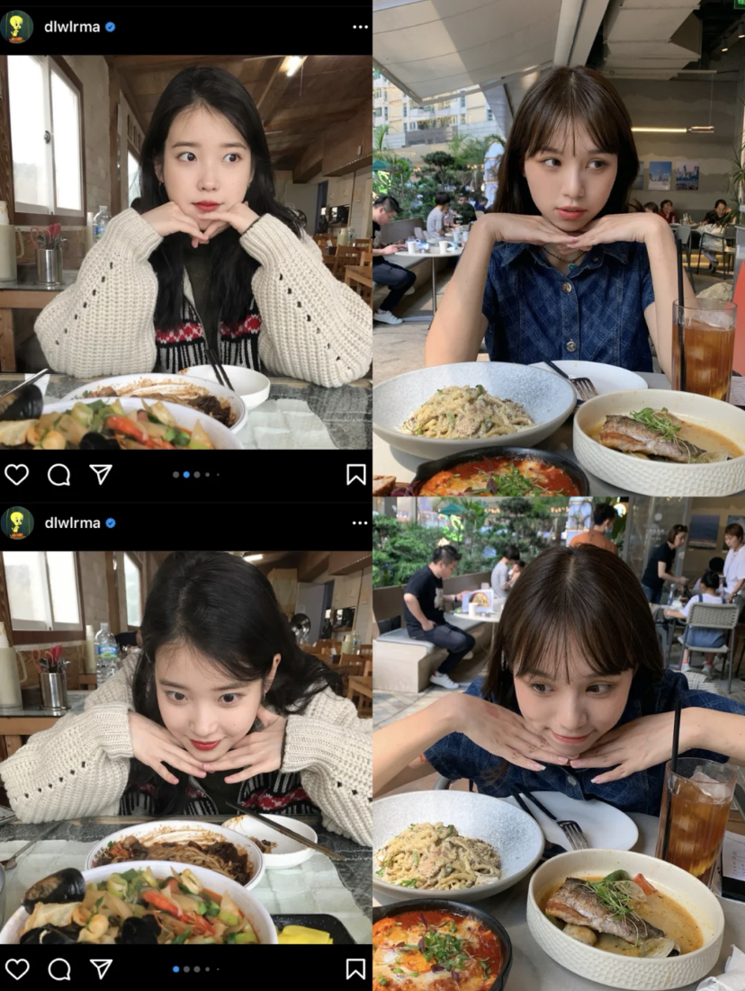 学她用双手撑着脸，眼神看向另一个方向或者是美食，再用平拍或俯拍的角度拍下合照哦！