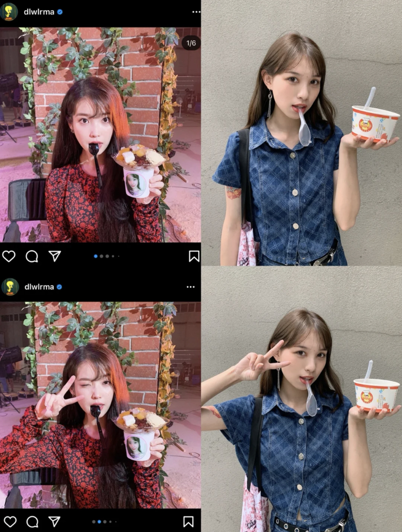 在享受甜品时边吃边摆个姿势拍，可以学IU咬着勺子拍照自然又可爱！