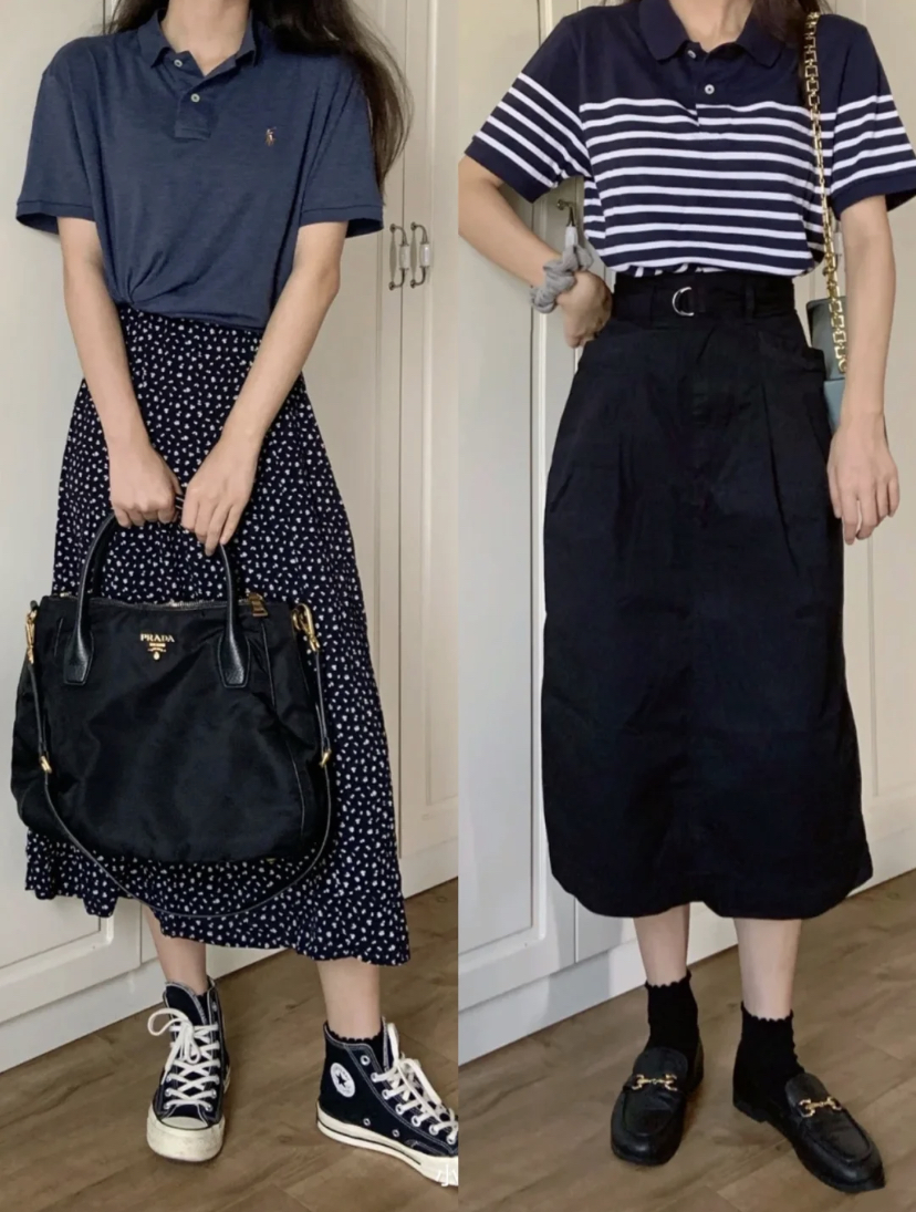 在复古的穿搭中更有文艺范，Polo衫搭配长裙休闲又时尚，也是约会时的最佳搭配哦～