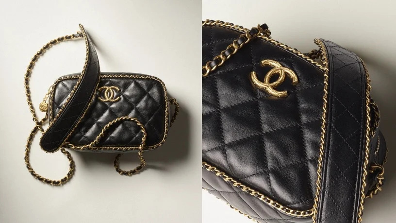CHANEL 黑色皮革菱格纹皮穿链绲边肩背包