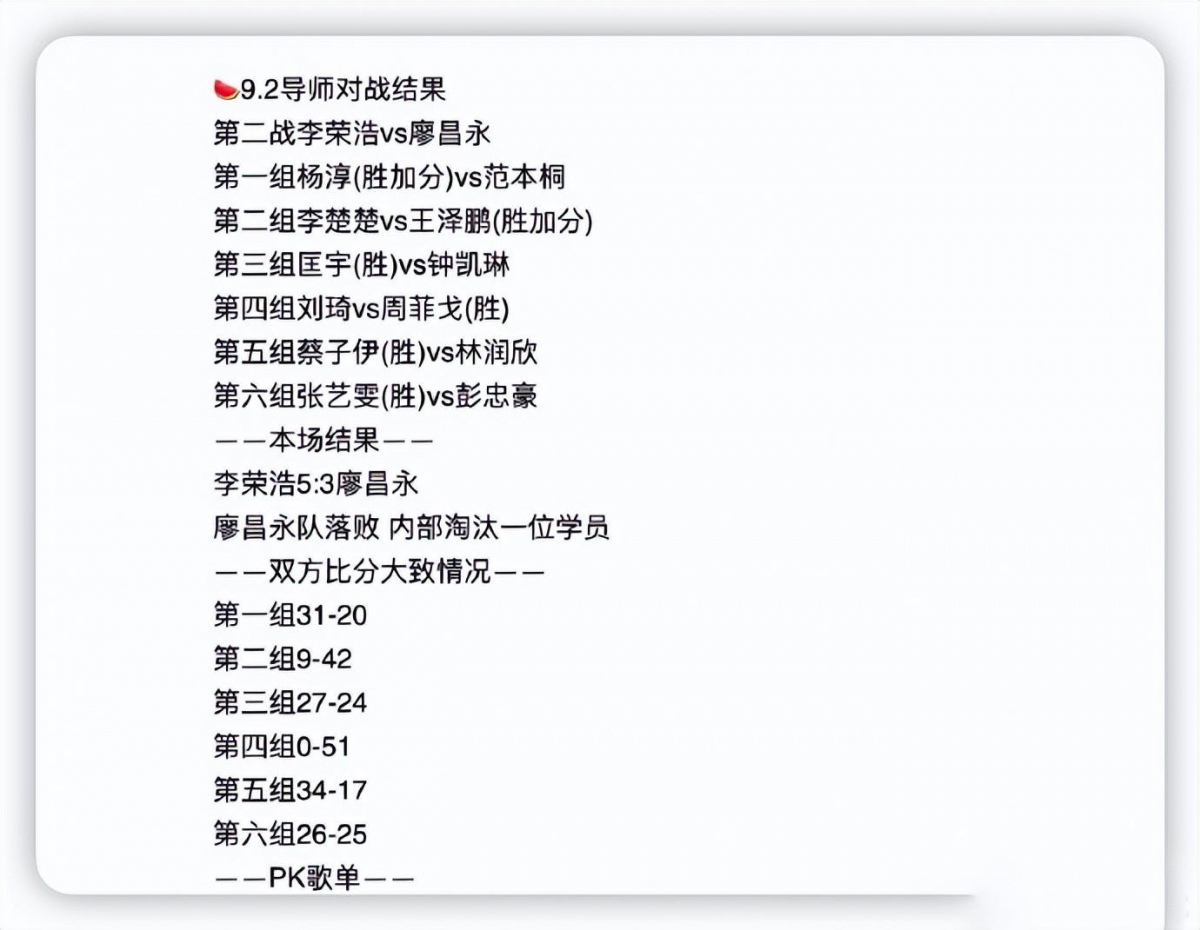 根据网路透消息李荣浩战队以大比分打败廖昌永战队