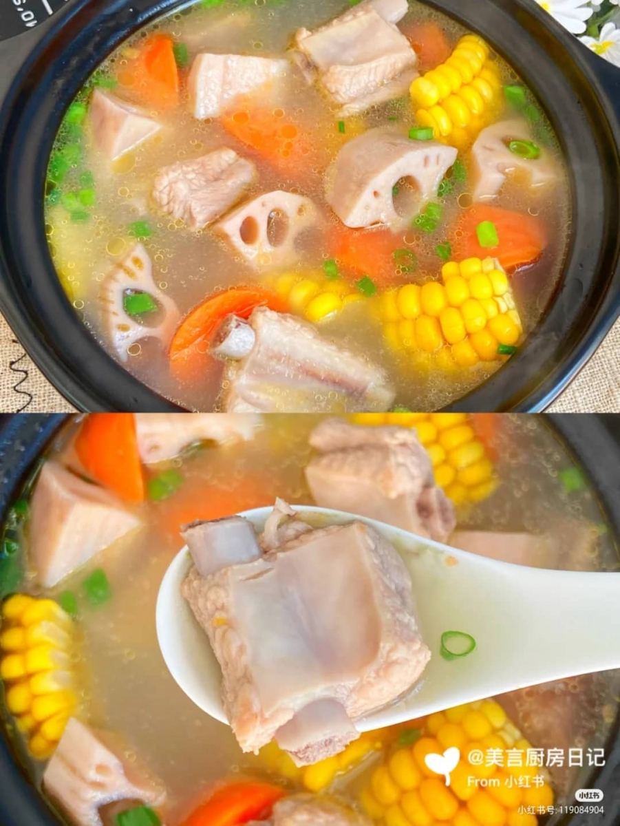 2、莲藕玉米排骨汤