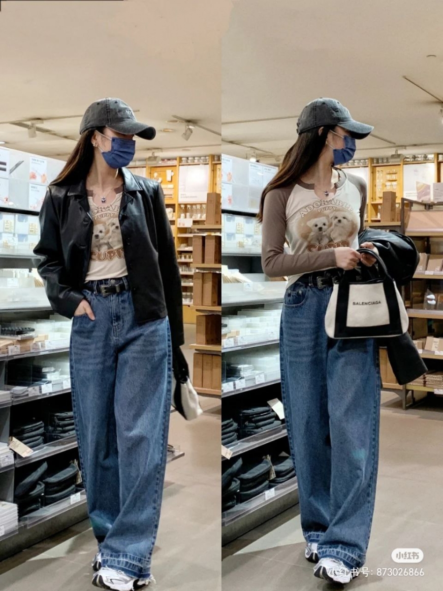 「阔腿牛仔裤」搭配范例:紧身上衣+面料硬挺的外套