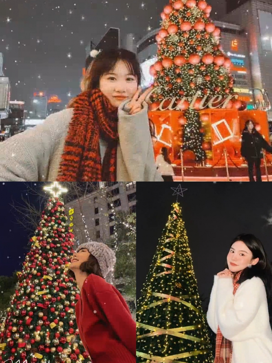 圣诞树合照技巧 1:人物和圣诞树拉开距离,镜头从低处仰拍