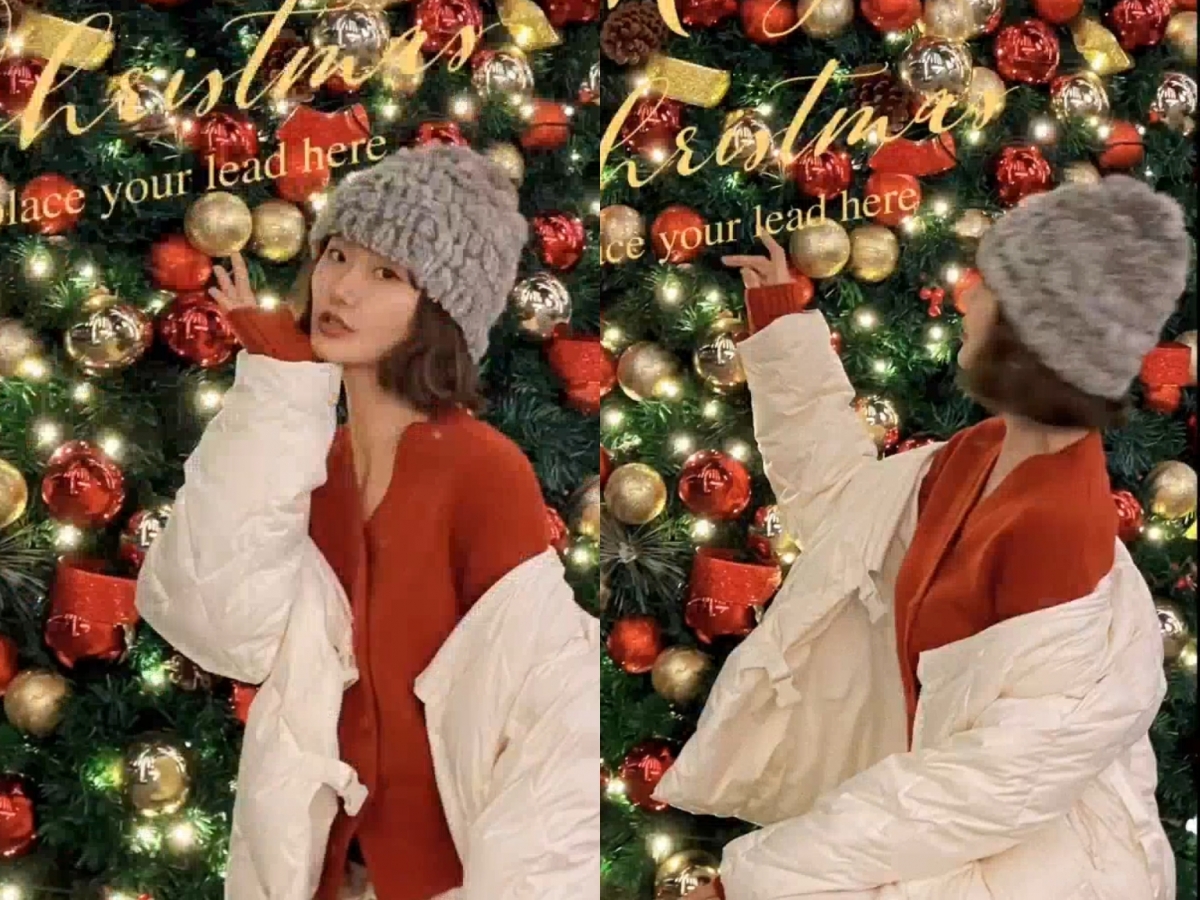 圣诞树合照技巧 2:坐/ 蹲在圣诞树前,用圣诞树做背景