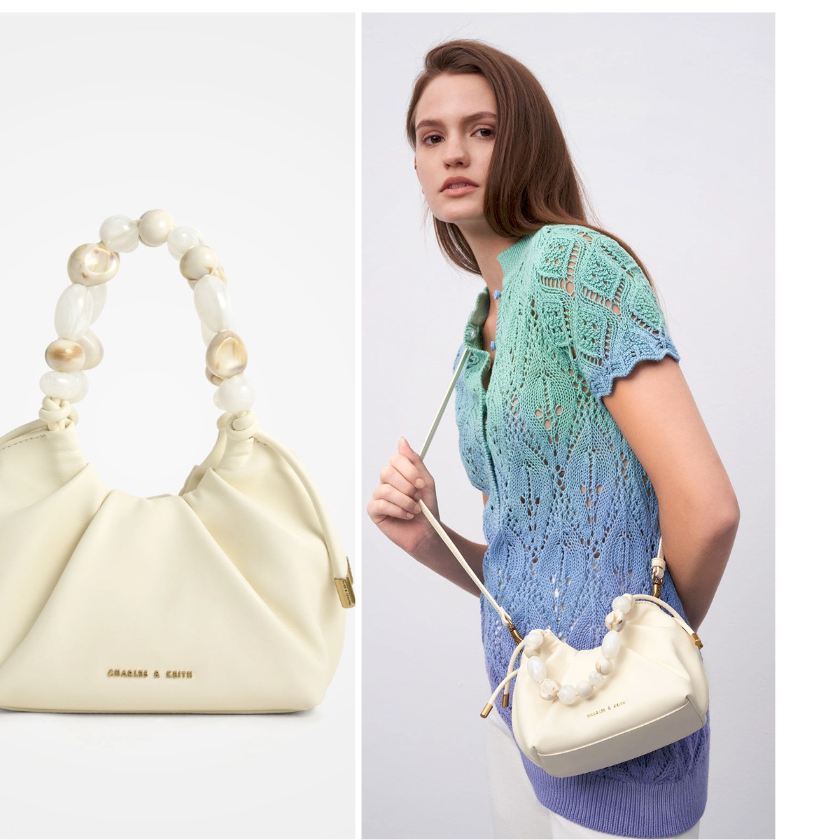 7、Aviary Beaded Acrylic Handle Slouchy Bag - Cream