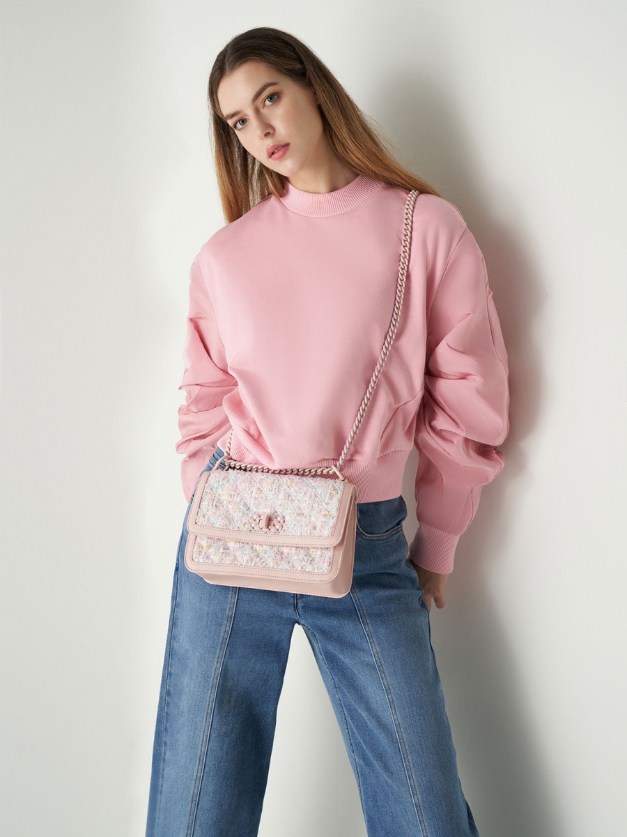 6、Micaela Tweed Quilted Chain Bag - Light Pink