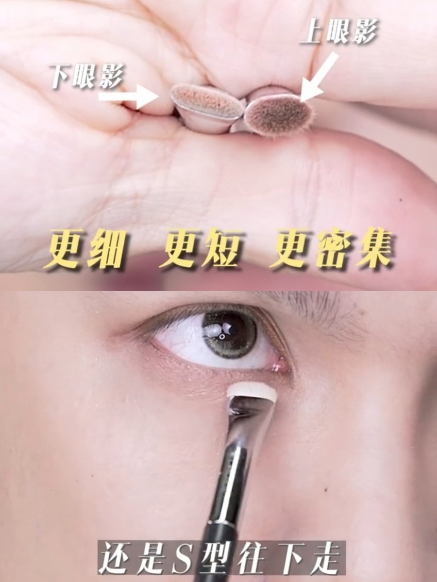 用更密集的短毛刷,S字型扫下眼影