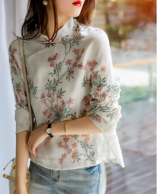 5、复古盘扣印花改良旗袍上衣