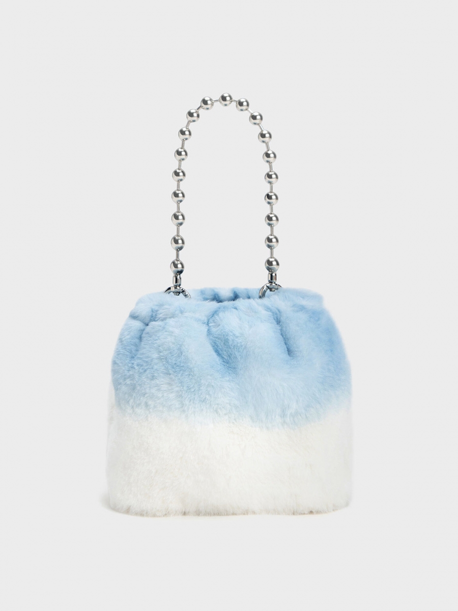 Aldora Beaded Handle Furry Bucket Bag