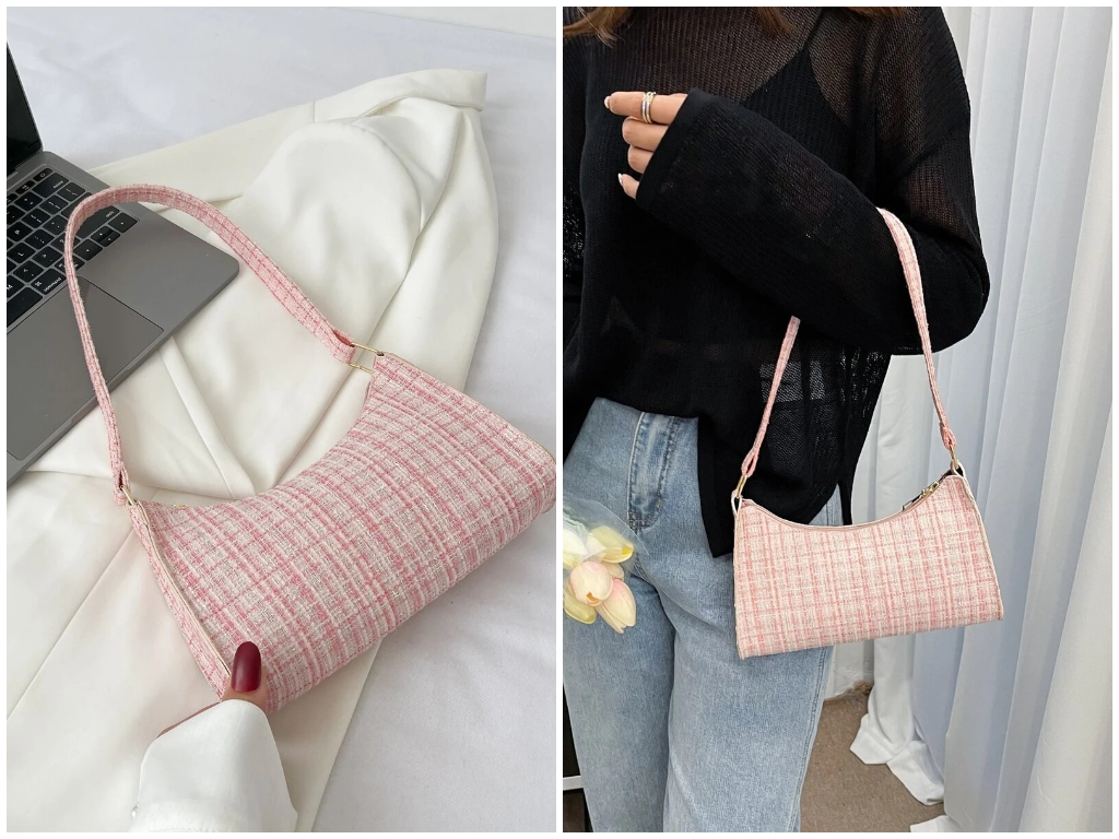1、Colorblock Plaid Pattern Baguette Bag