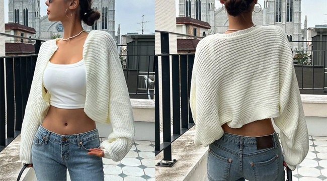 7、DAZY Ribbed Knit Batwing Sleeve Crop Duster Cardigan