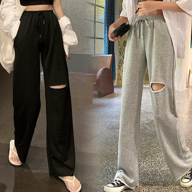 1、韩式风「破洞」阔腿裤