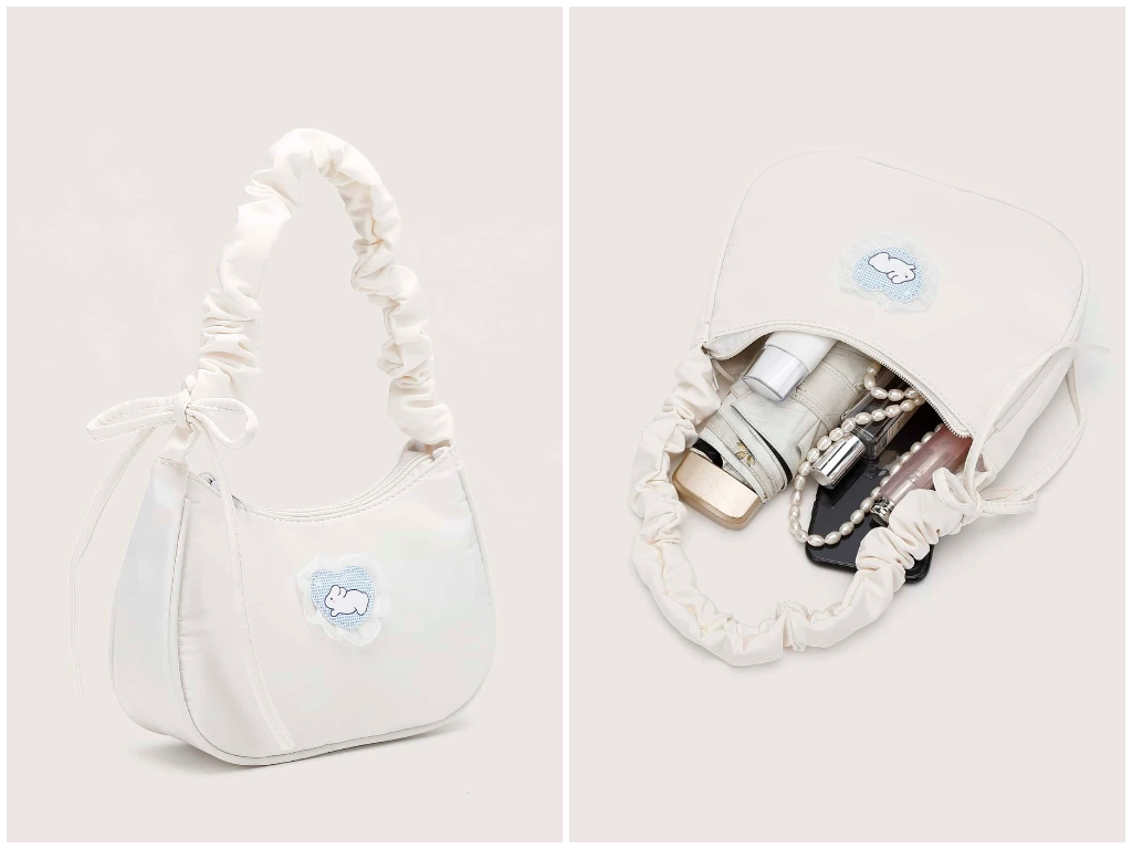 8、Cartoon Patch & Bow Decor Ruched Baguette Bag