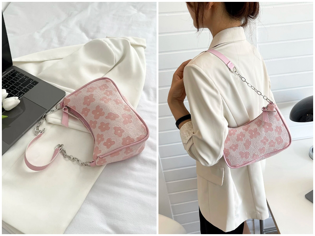 2、Floral Pattern Chain Baguette Bag