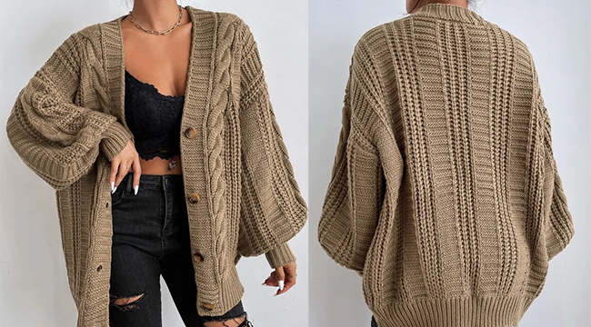 3、Solid Button Front Cable Knit Cardigan