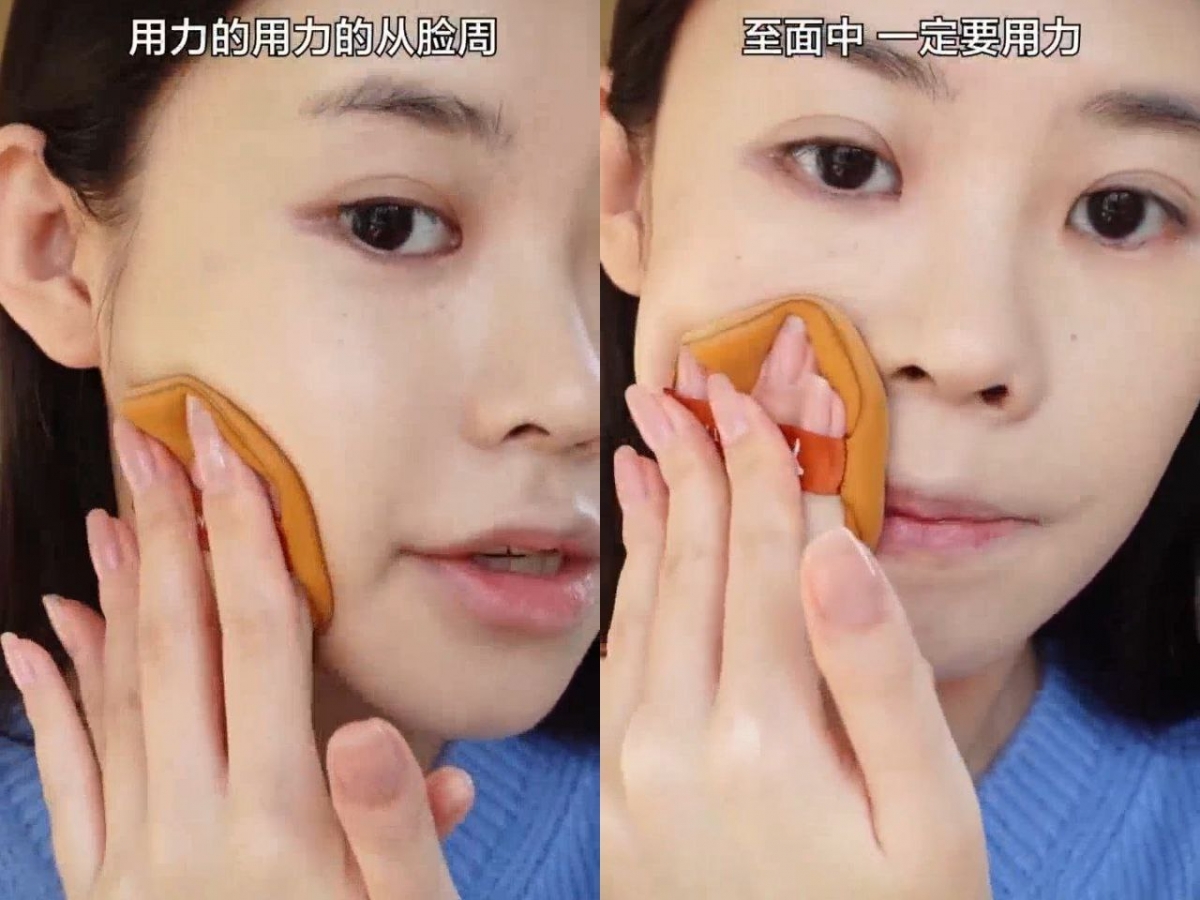 粉扑上脸按压的手法很种重要，一定要很「用力」，然后从脸周开始按压到面中