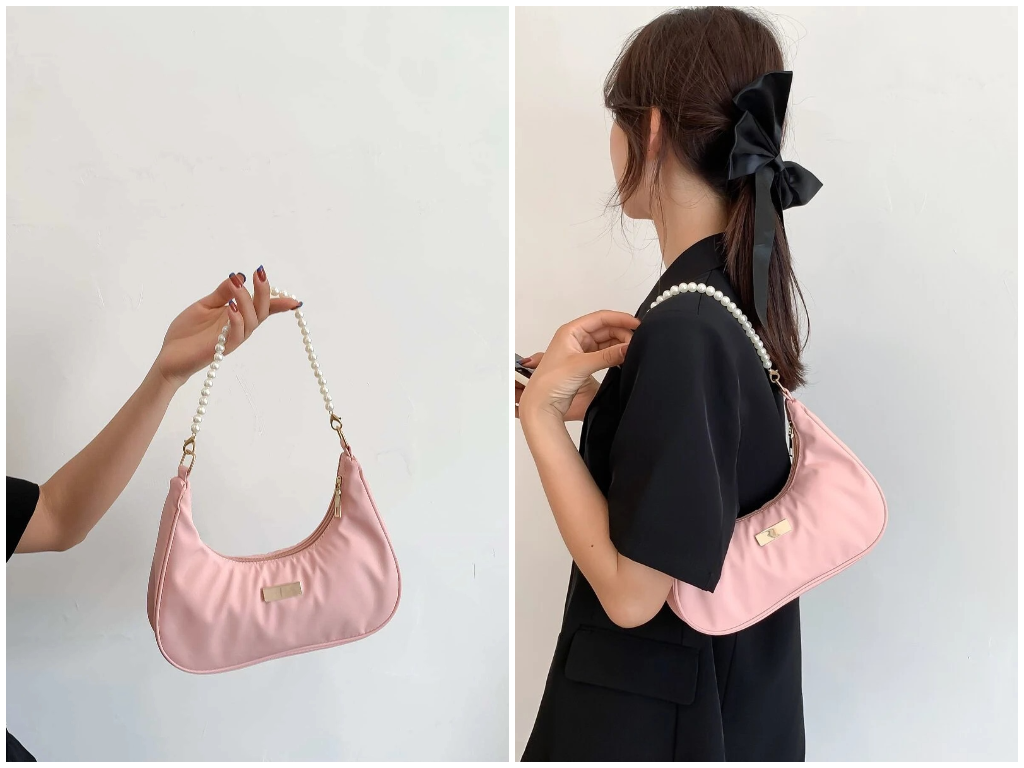 3、Faux Pearl Chain Baguette Bag